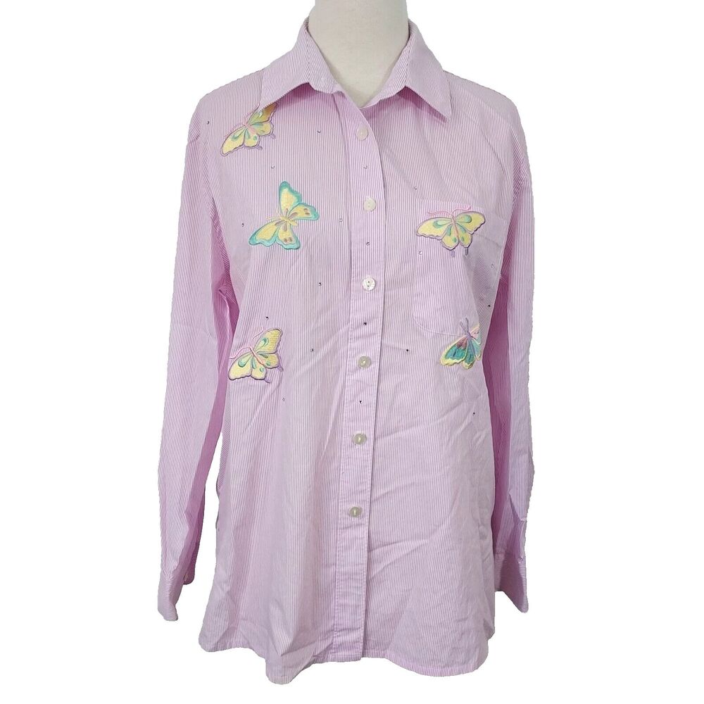 Drapers and Damons Shirt Top Button Up Womens Medium Butterfly Applique Striped